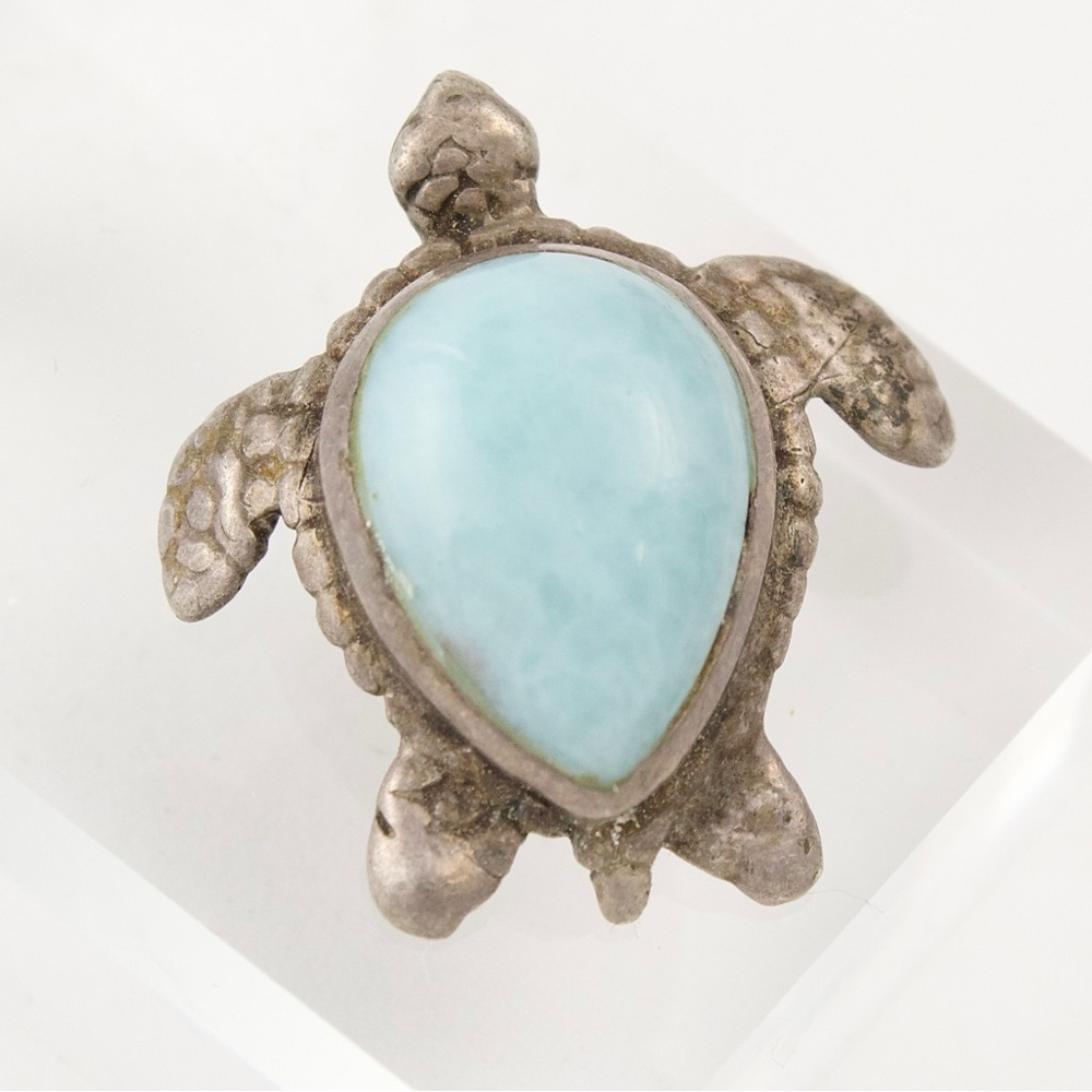 Vintage Larimar Sea Turtle Necklace Pendant, 925 Sterling Silver